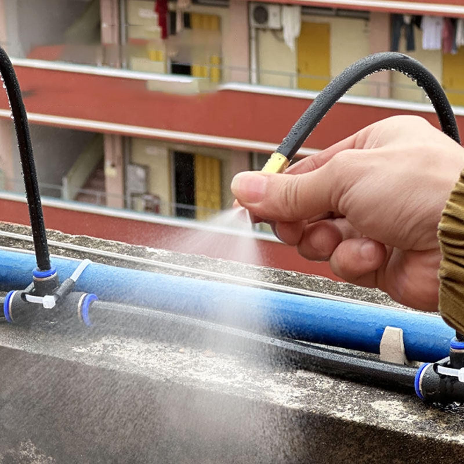 Kit nebulizzazione Esterno Patio Giardino Caldo, con ugelli Ottone Tubo Pressione, 360° Regolabile(30m/1181in)