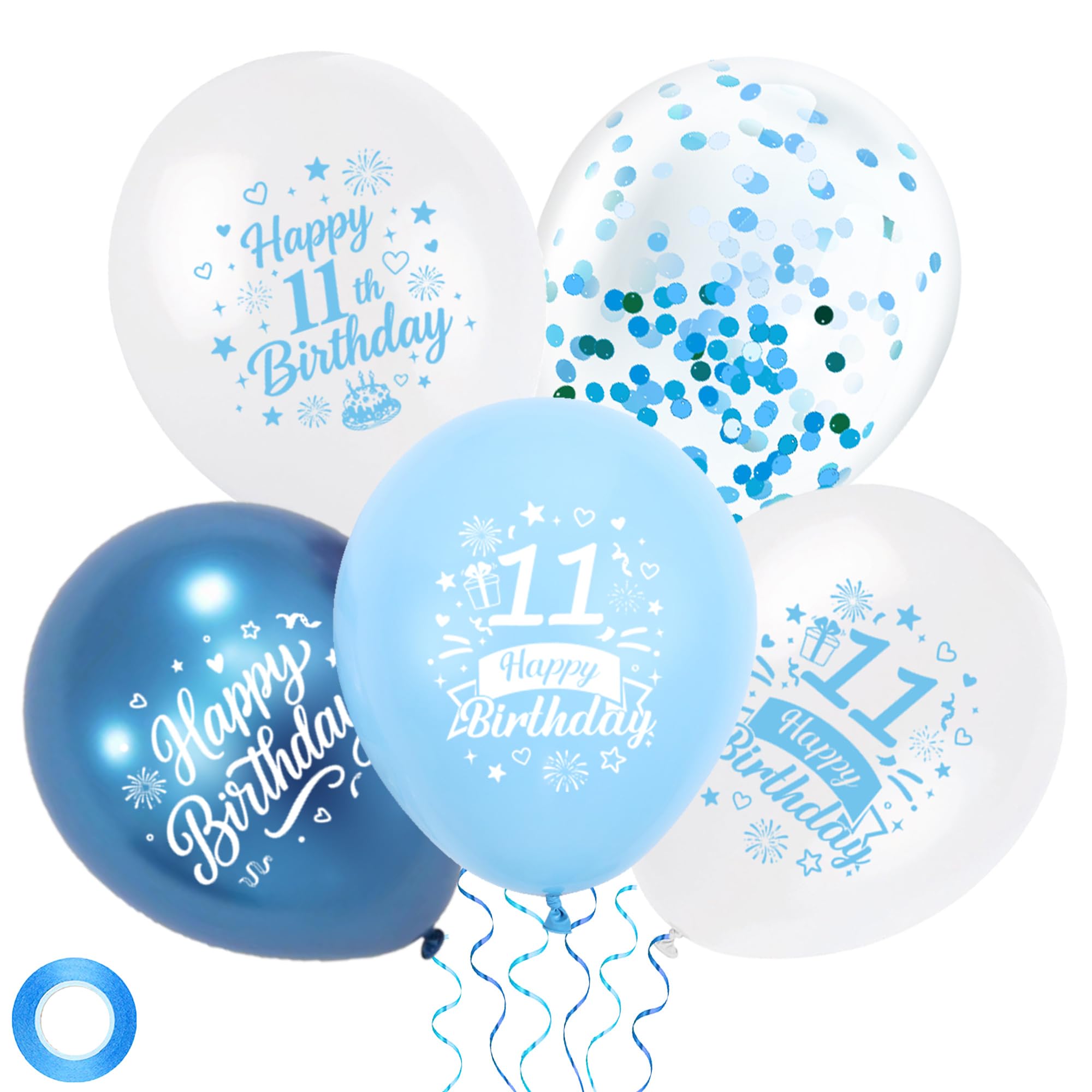 Blue 11th Birthday Balloons Decorations - 30pcs Latex Balloons with Ribbon for Boys and Girls, 12 Inch Happy 11th Birthday Party Balloon Decor Supplies