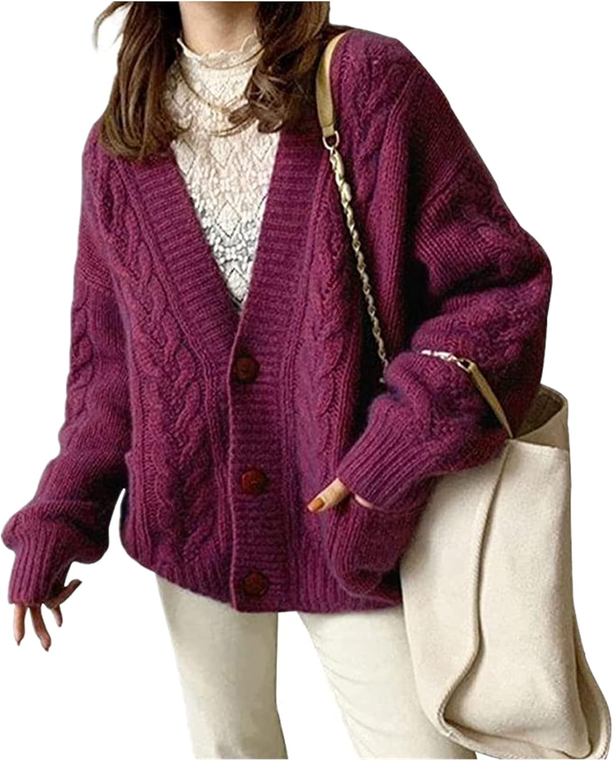 Lausioue カーディガン レディース オーバー カーディガン サイドライン v ネック ゆる ニット セーター カーデガン レ