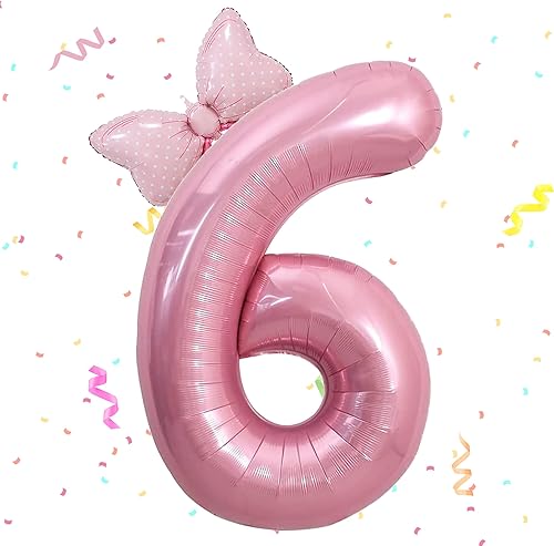 Globo rosa de 40 pulgadas con el número 6 y mini globo con lazo para decoración de fiesta de cumpleaños de niña, decoraciones de fiesta de