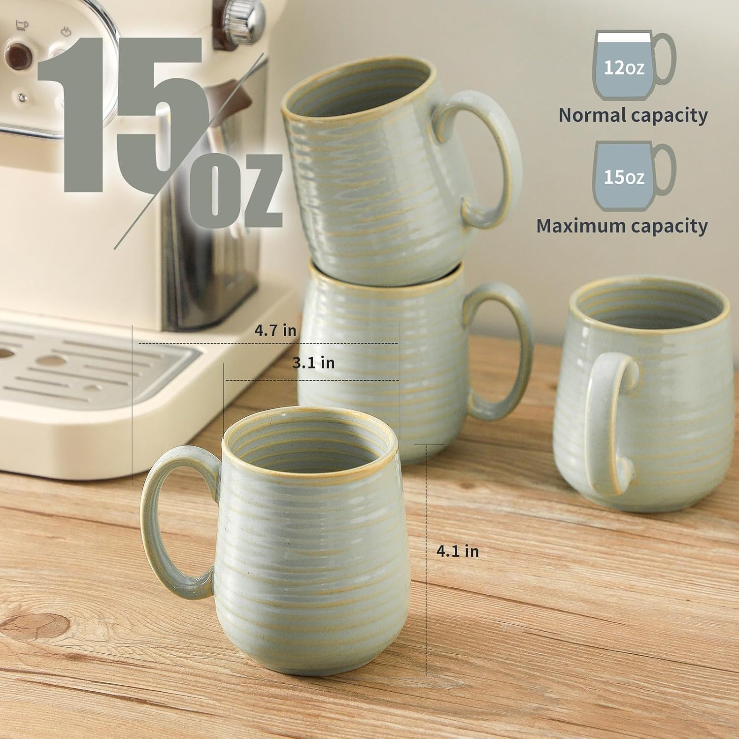 HASENSE Porcelain Coffee Mugs Set, 12 Oz Reactive Glaze Green Coffee Cups with Handle, Large Tea Cup for Latte, Cappuccino & Hot Chocolate, Dishwasher & Microwave Safe, Set of 4