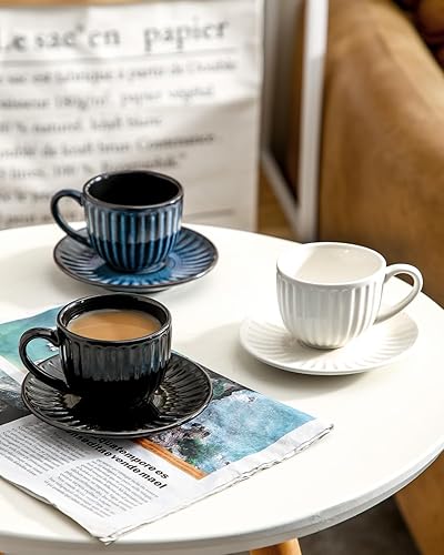 Miniatura 5 de Hasense Juego de 6 tazas de café expreso de 4 onzas con platillos, tazas de capuchino acanaladas de cerámica para café, expreso, doble shot, latte y