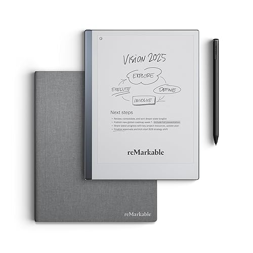 reMarkable Essentials Bundle – Gray | reMarkable 2 Paper Tablet | Includes Black and White 10.3” Writing Tablet, Marker Plus Pen with Eraser, Book Folio Cover in Gray Weave
