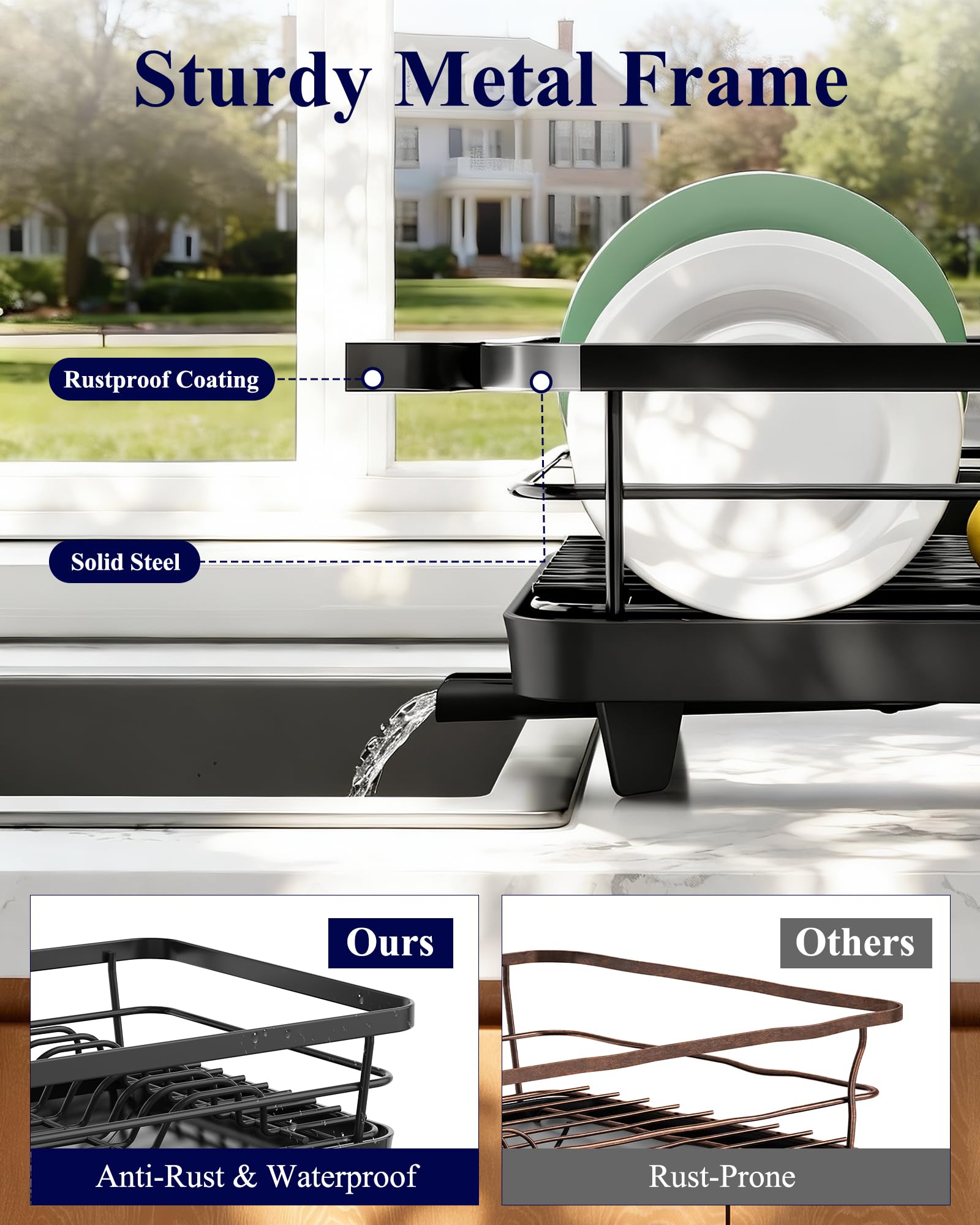 Kitsure Escurridor de Platos, escurreplatos Acero Inoxidable para encimera Cocina con Porta Cubiertos, almacenaje Fregadero hogar apartamento, Large, Negro