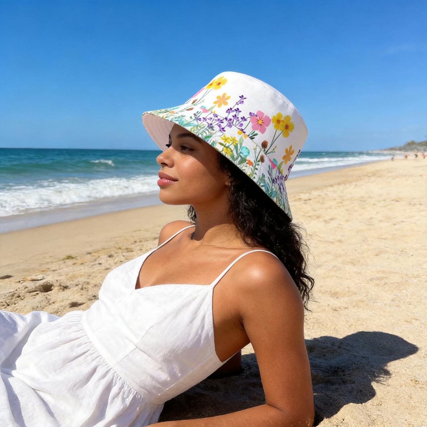 Floral Bucket Hat for Women Men Cute Summer Flowers Beach Hats for Ladies Sunflower Fishing Hat for Unisex White