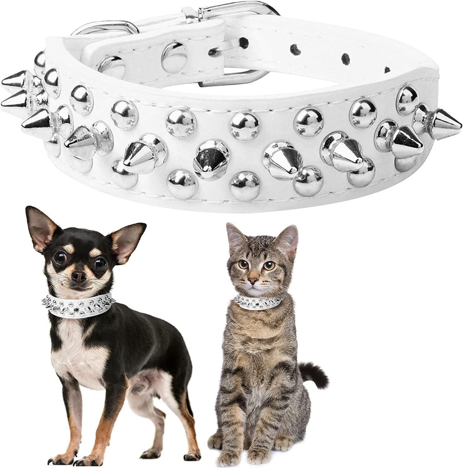 Dog Collar with Spikes, Mushrooms Rivet Studded Anti-Bite Protective Pet Neck Pu Faux Leather Spiked Puppy Collars for XS Small Medium Large Male Dogs Boy Cats Goat (White, XS)