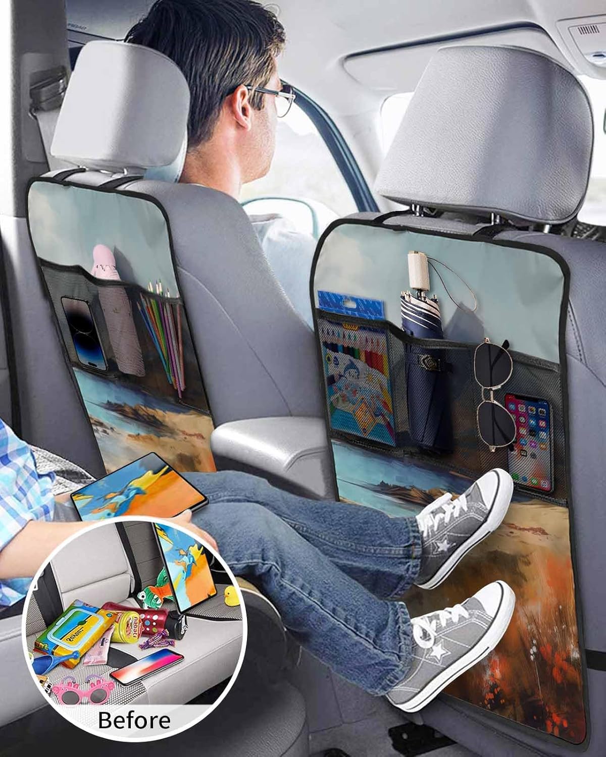T&H XHome Car Seat Protector, 2 Pack Kick Mats with Organizer - 3 Pocket Storage, Natural Landscape Mountain Cloud and River Back Seat Cover for Kids Universal Fit Automotive Interior Protectors