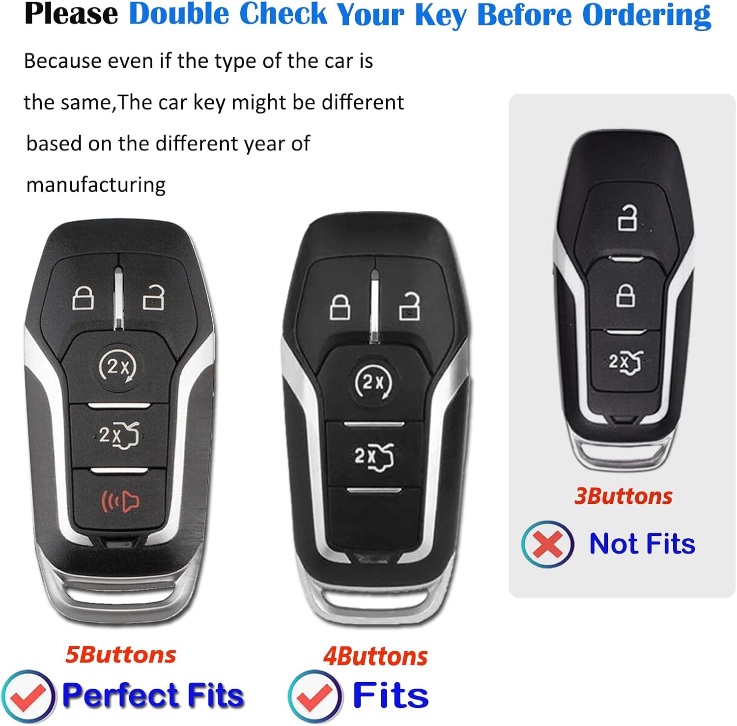 Leather Key Fob Cover with Keychain, Compatible with 2013-2016 Ford Fusion, 2015-2017 Ford Mustang, and F-150 Explorer Smart Key (Black)