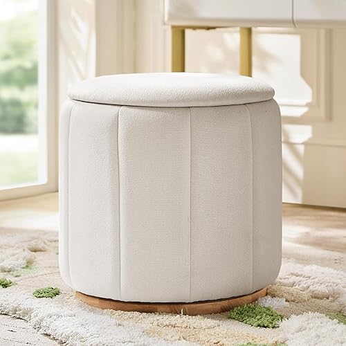 Round Storage Ottoman with Wooden Swivel Base, Fabric Upholstered Small