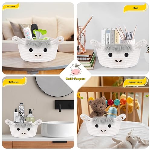 Miniatura 5 de Cesta de vaca Highland para guardería, cesta de regalo pequeña, almacenamiento de cuerda de algodón tejida redonda blanca, organizador de bebé con