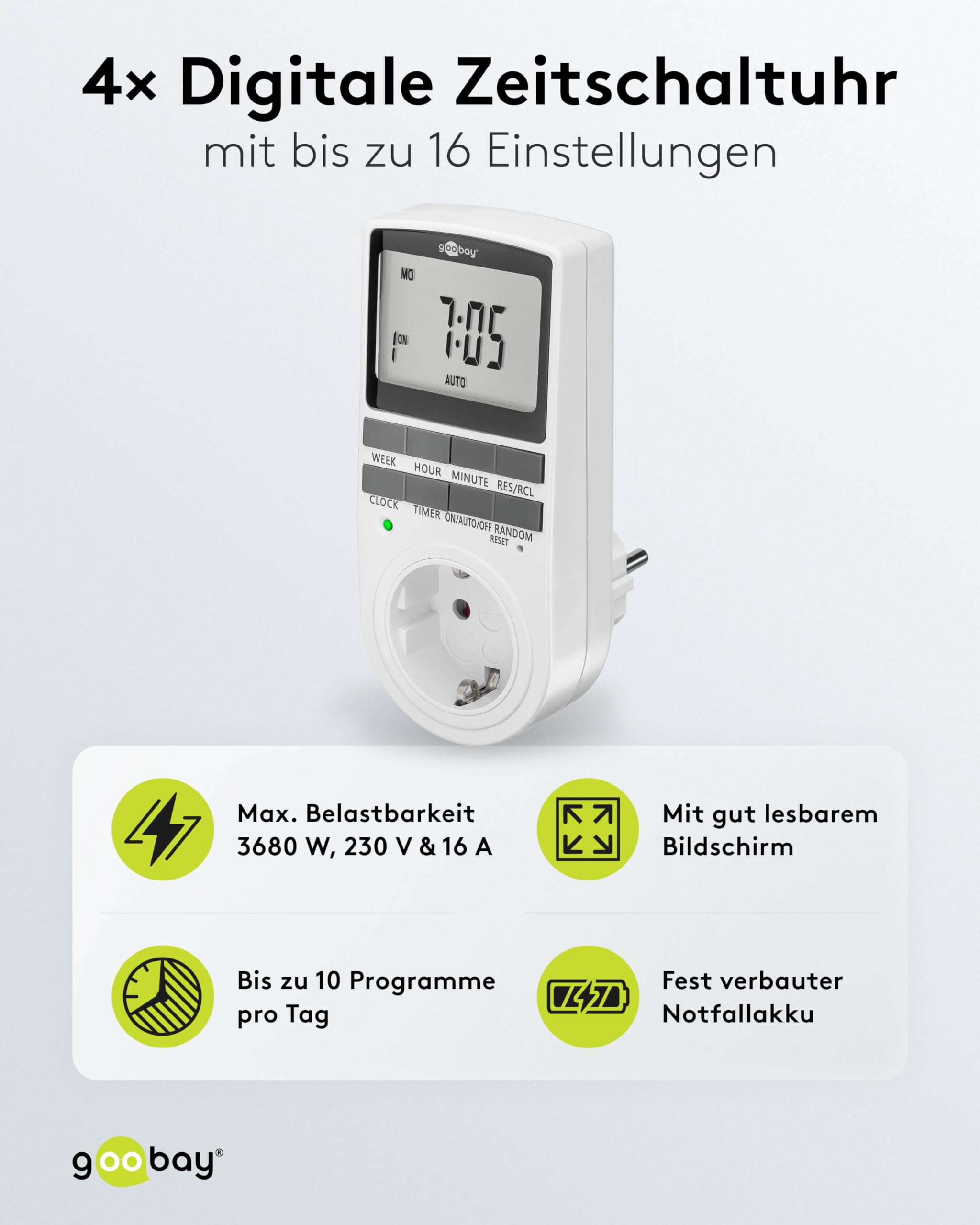 goobay - Zeitschaltuhr 4er Set digital mit 16 Programmen - Zeitschaltuhr Steckdose mit Zufallsmodus zum Einbruchschutz - Timer Steckdose inkl. 100 Tage Back-up Akku - 3680W - 230V (AC) - 16A - 74217