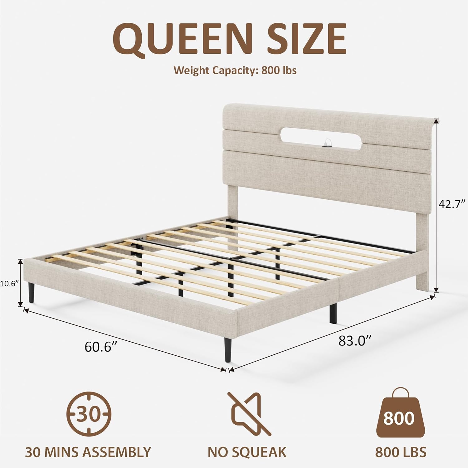 Sismplly Queen Bed Frame with Linen Headboard, Platform Bed Frame with Upholstered Headboard, Mattress Foundation, No Box Spring Required, Easy Assembly, Beige