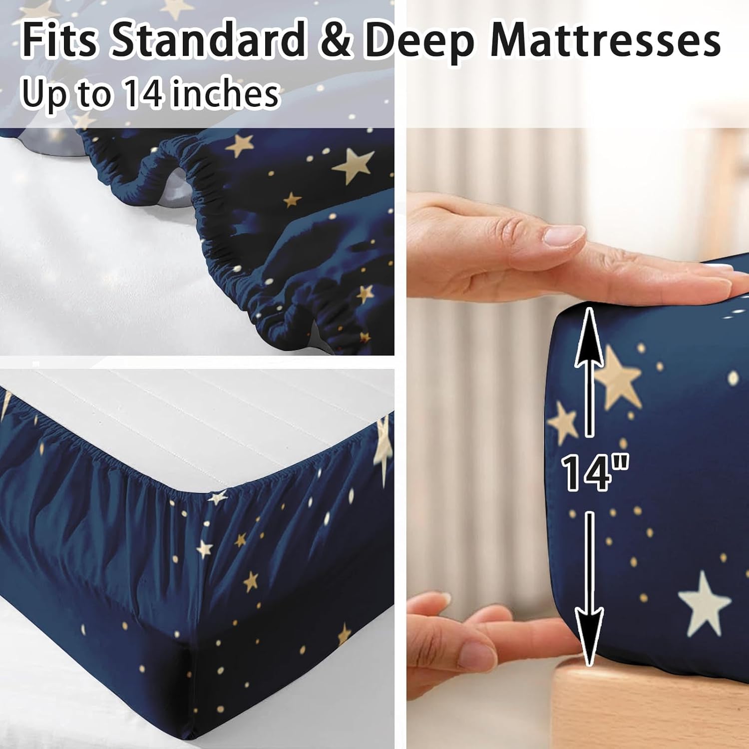 Pamnest Full Size Bed Sheet Sets, Galaxy Blue Gold Star Soft Microfiber 4 Pcs Bedding Sets for Kids and Adults Bedroom Bed Decor, Golden Space Starry Flat, Fitted Sheet and 2 Pillowcases