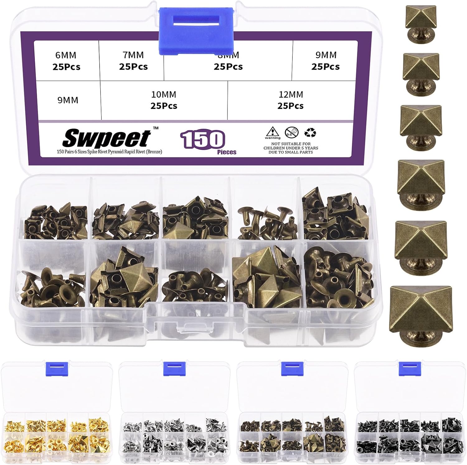 Amazon.com: Swpeet 150Pcs 6 Sizes Bronze Spike Rivet Pyramid Studs Kit ...