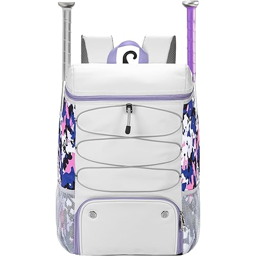 Softball Bag for Youth Adult, Sturdy Leather Baseball Bat Backpack with Shoe Compartment, Waterproof Baseball Bag with Fence Hook for TBall Bat & Equipment