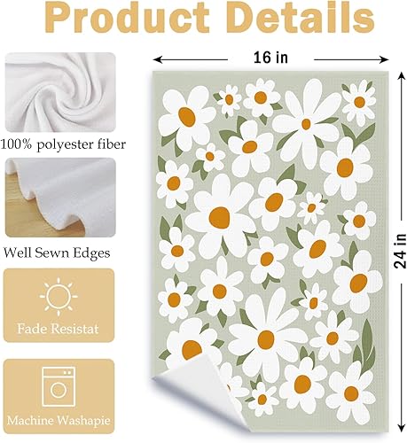 Miniatura 6 de Toallas de cocina con diseño floral de margaritas, estilo retro de los años 70, color marrón y verde, toalla de mano rústica estilo botánico