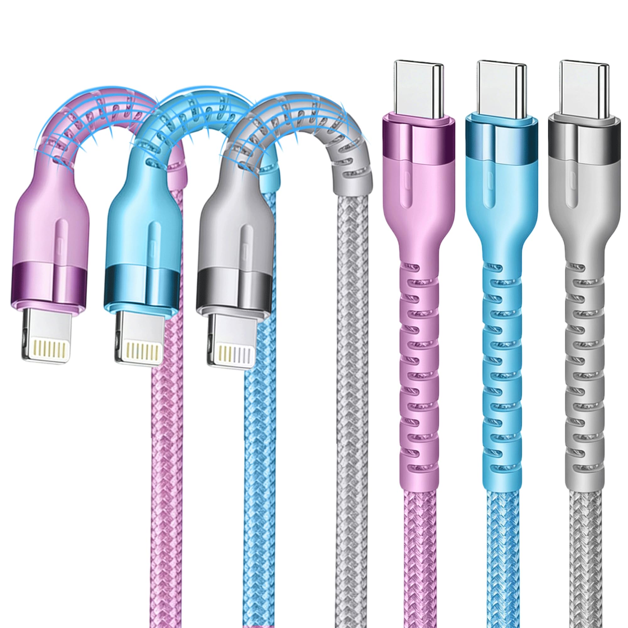 Cable USB C a Lightning trenzado para carga rápida de iPhone pack de 3 de 3 pies 8