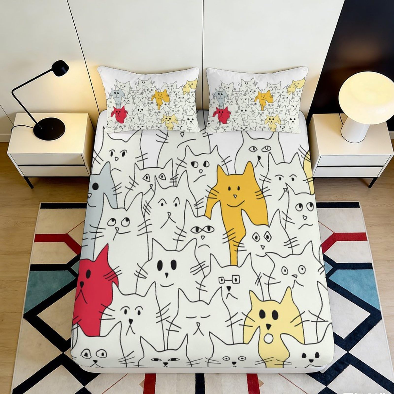 3D Printed Cartoon Cat Microfiber Fitted Sheet Deep Pocket Full Wrap Bedroom Bedding Cartoon Cat Mattress Fitted Cover for Adults Teens 180x200x25cm