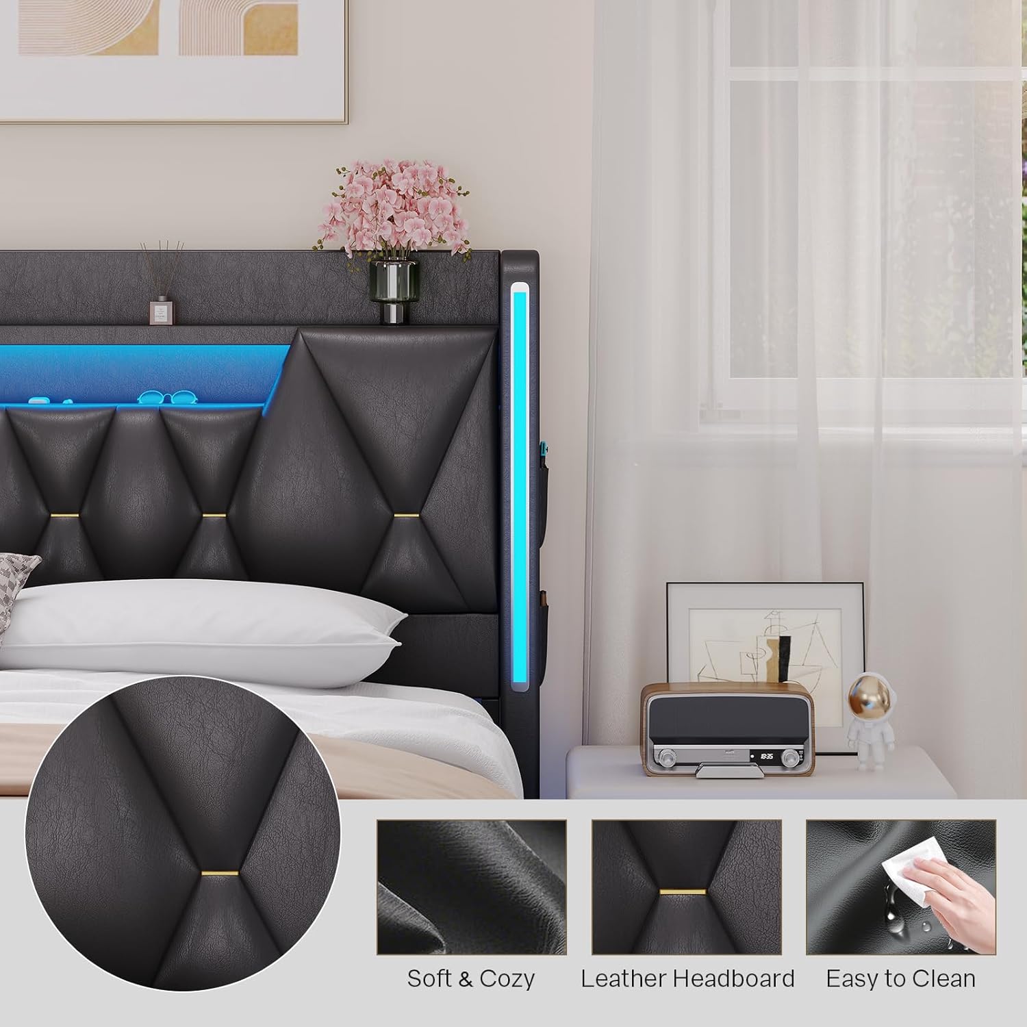 Dnxao King Size Floating Bed Frame with Storage Headboard, Tall 44" Upholstered Platform Bed with Charging Station, Dual-Zone LED Lights, No Box Spring Needed, PU Black