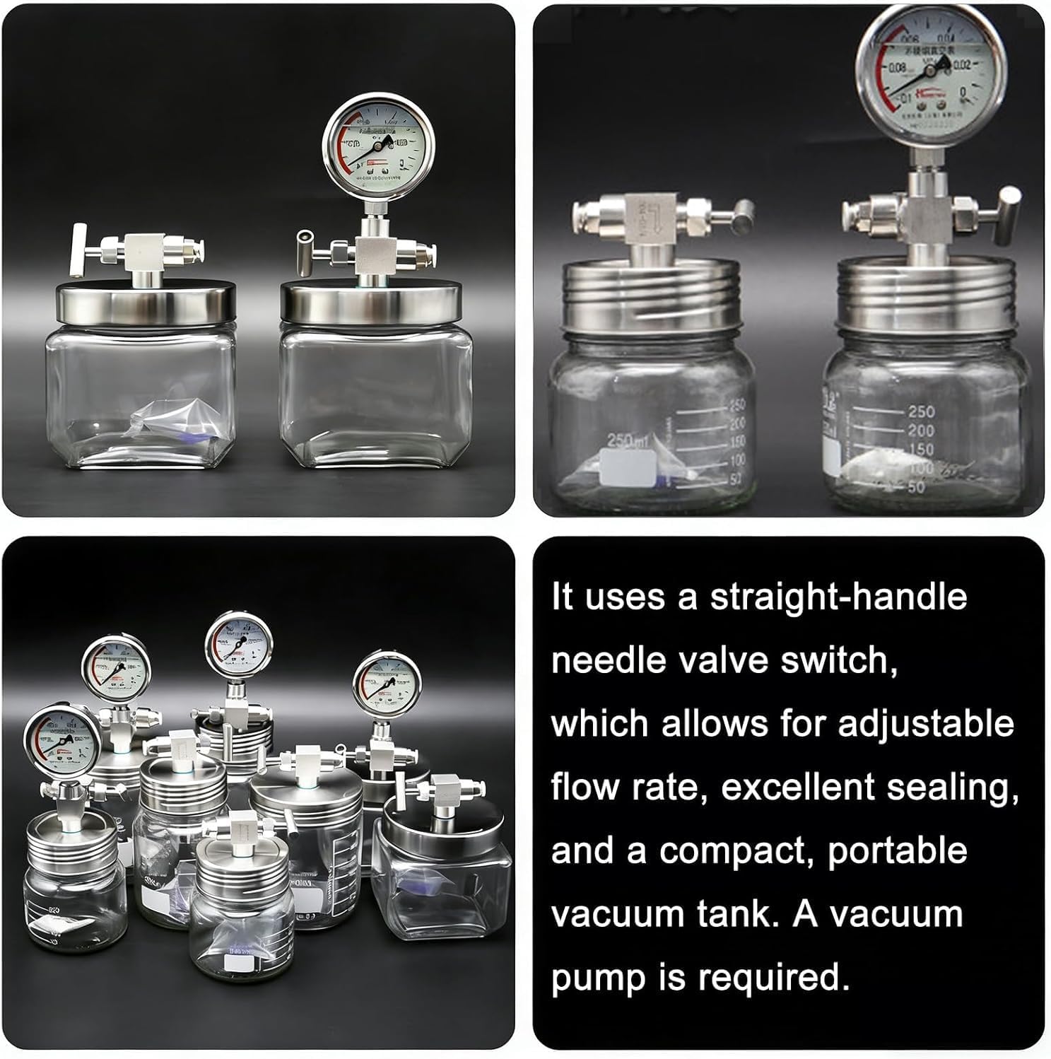 Vacuum Degassing Chamber, Glass Vacuum Chamber, with Stainless Steel Vacuum Gauge, for Lab Sample Preservation, Chemical/Biological Specimen Storage