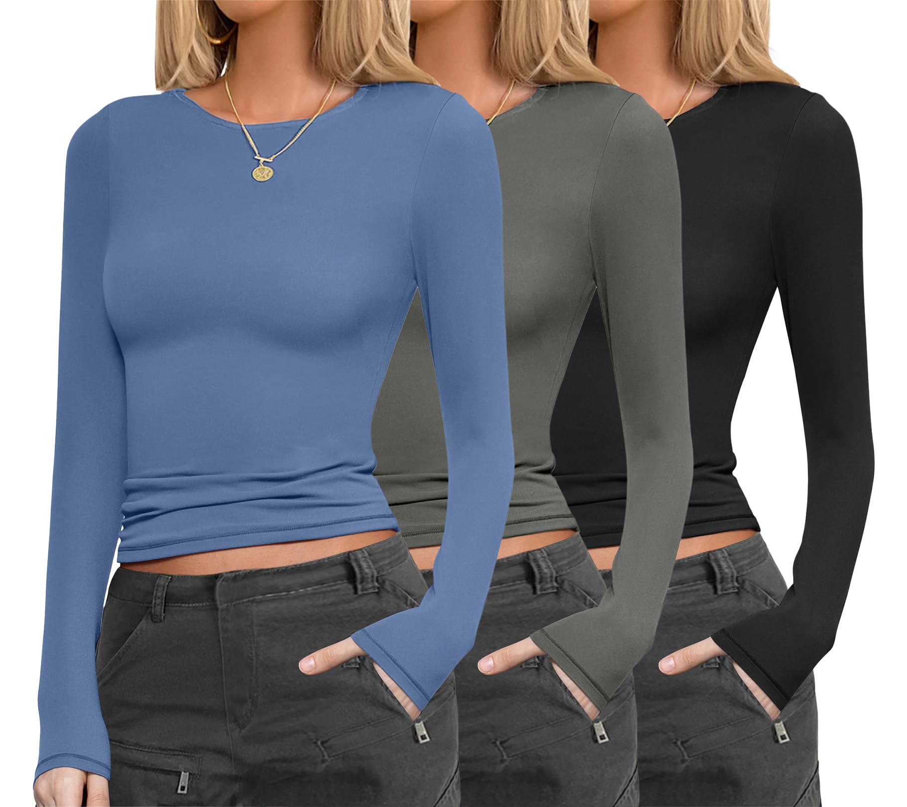 Ekouaer Womens 3 Pack Long Sleeve Shirts Fitted Tops Underscrub Undershirt