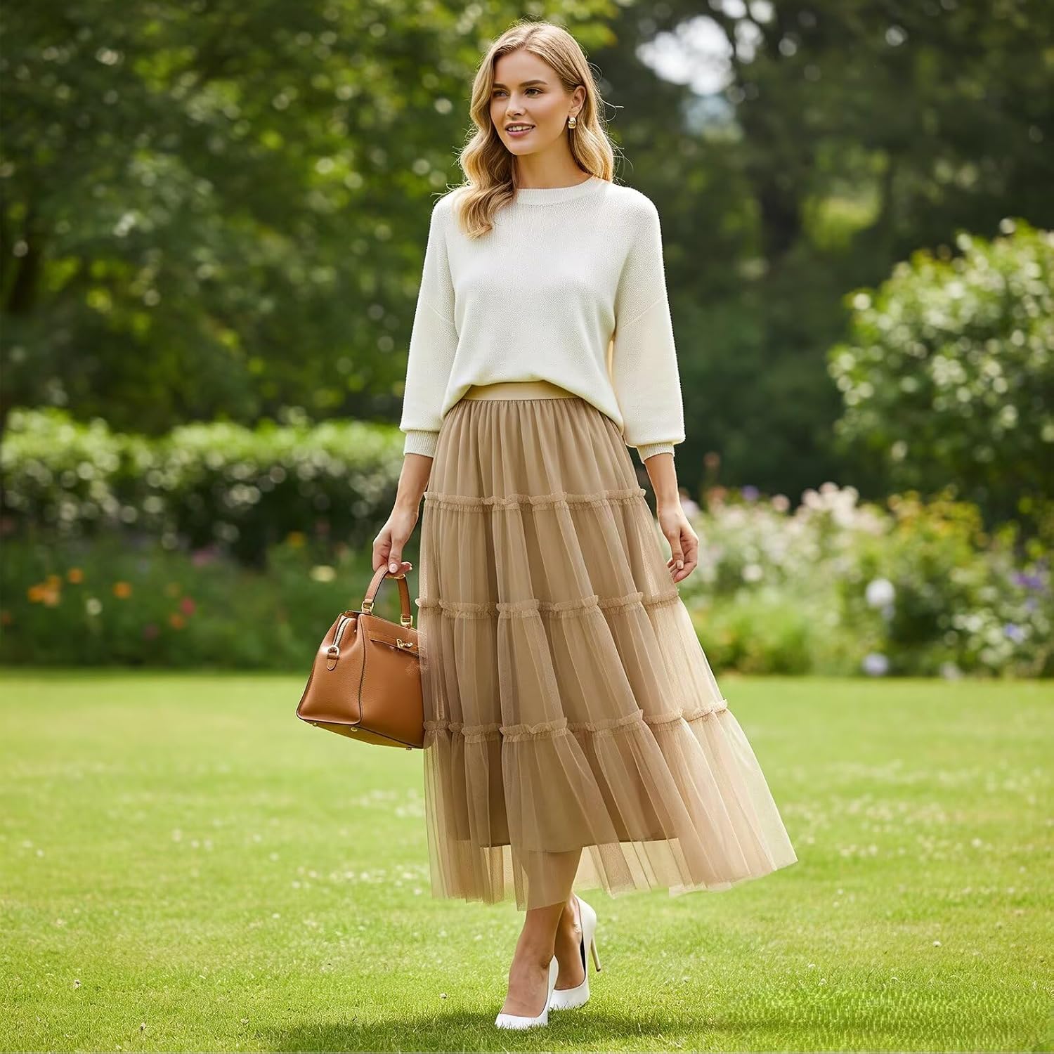 kephy Tulle Skirts for Women -A-Line Tiered Layered Tulle Midi Skirt High Elastic Waist Flowy for Daily Party Casual