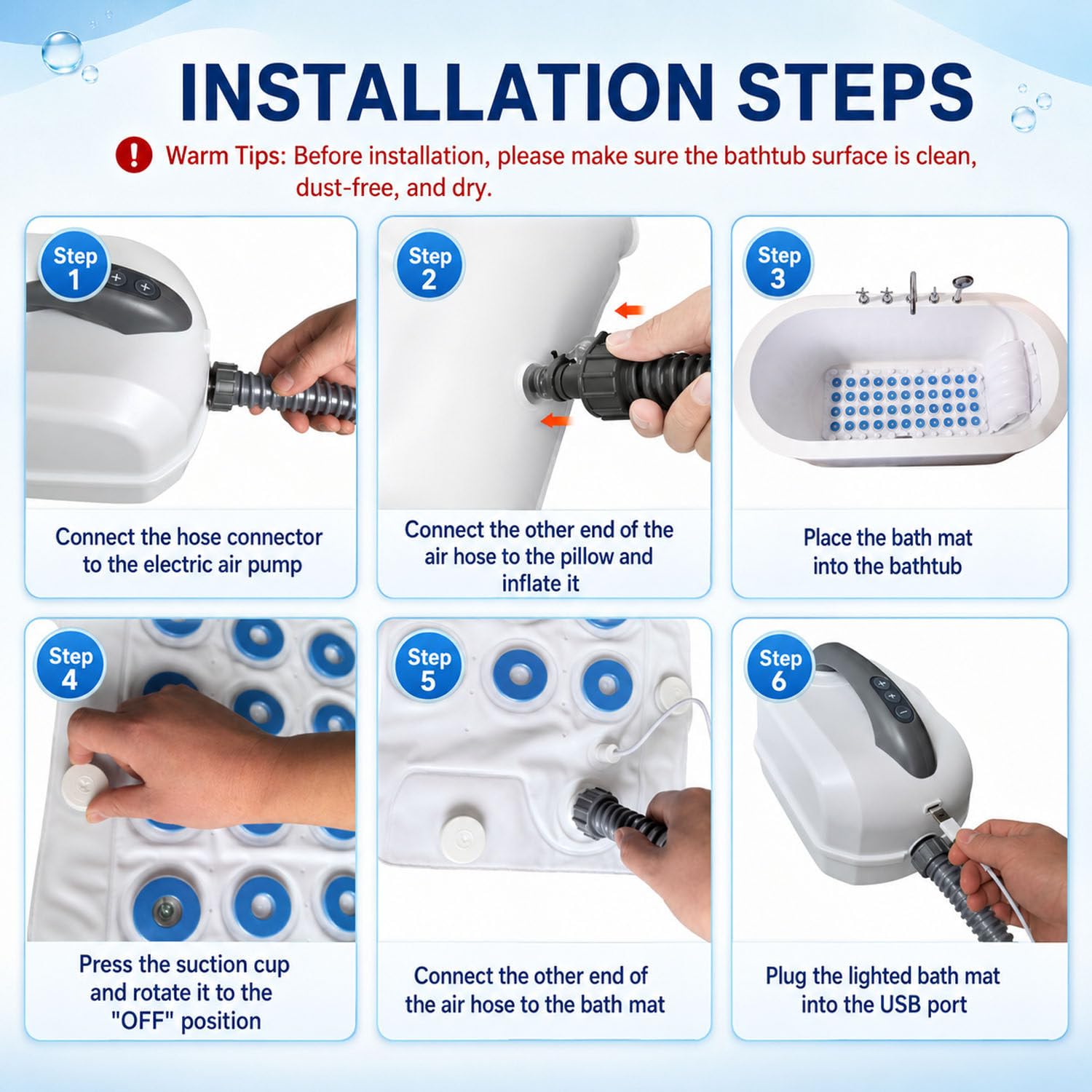 DowPie Farbwechsel LED Blasenmatte für Badewanne, Heim Spa Zubehör 110v | Aufblasbares Nackenkissen, rutschfeste Saugnäpfe, flexibles wasserdichtes PVC – leicht reinigen und schnell trocknen