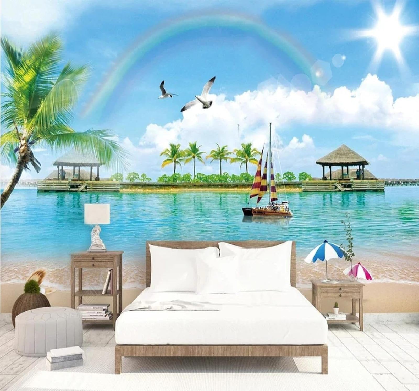 XLMING Beautiful Sea Beach Rainbow Landscape 3D Wallpaper Silky Texture Home Study Office Grey Dining Room Sofa Bedroom Living Room TV Backdrop-350cm×256cm