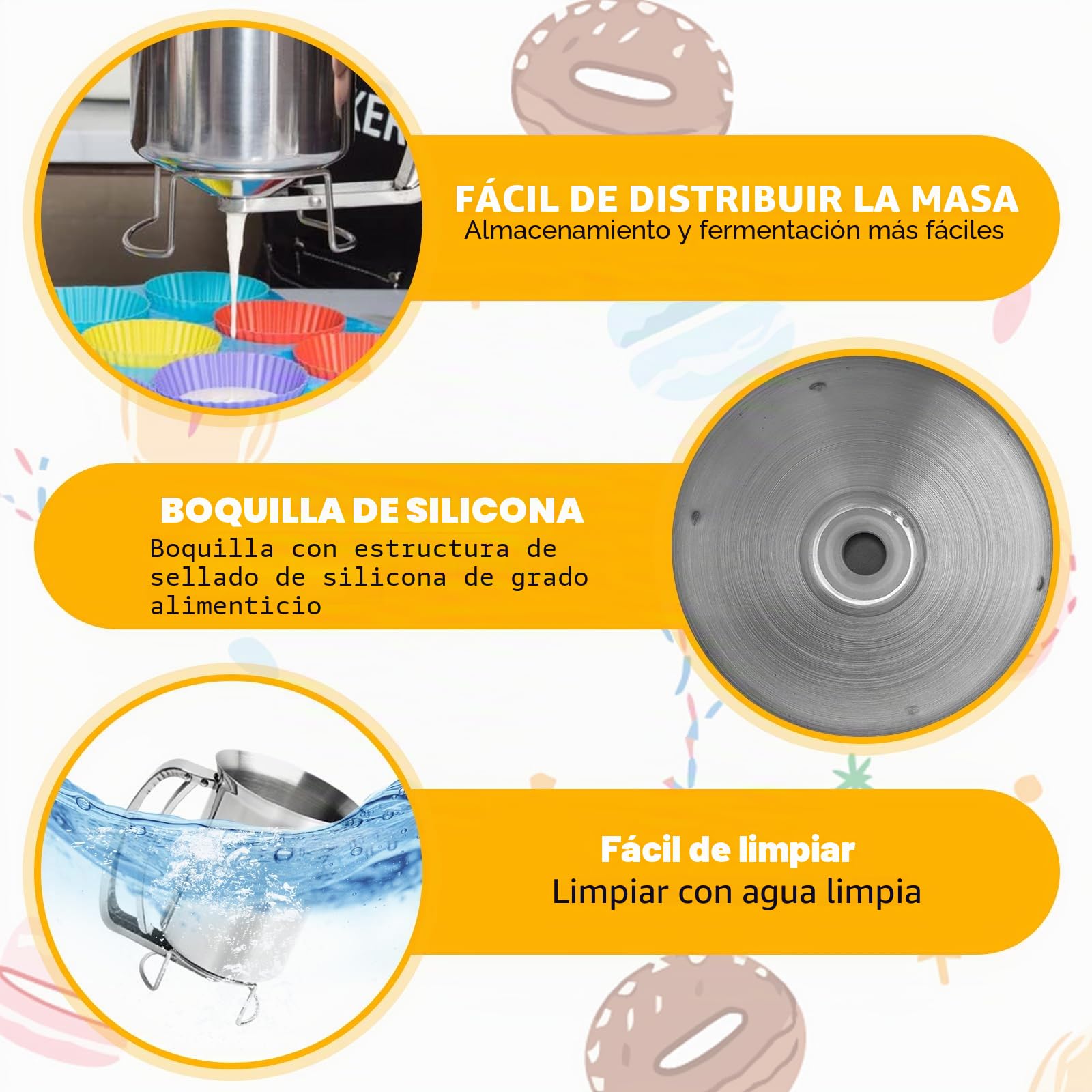 Raxfekro Dispensador de masa de acero inoxidable 900 ml, dosificador de masa con mango aplastado, dosificador de masa para panqueques, magdalenas, galletas y gofres