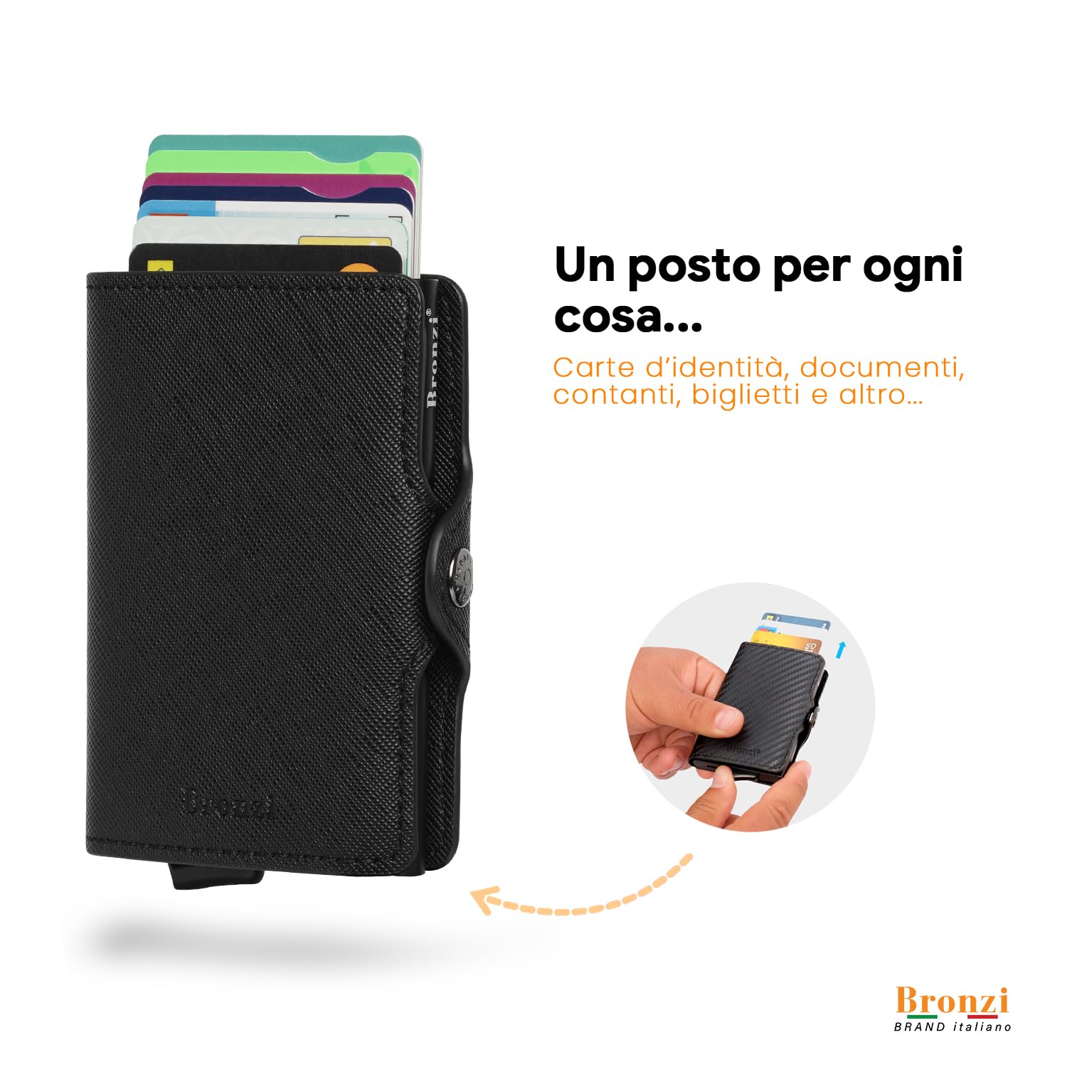 Bronzi Portafoglio Porta Carte Credito - Portafoglio Uomo Slim Portacarte uomo - Mini Porta Tessere - Protezione RFID - Design Smart Italiano Scatola Regalo inculsa (Nero Saffiano ZIP)