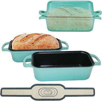 Blisswave Cast Iron Bread Pan with Lid - 2-in-1 Dual Set, Includes 2 Bread Mats - Bread Baking Pan for Homemade Bread, Cakes, Patties - Even Heating - 2-Piece Set Lake Blue