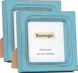 Picture Frames 4x4 Set of 2 Handmade Rustic Wood Frames with Hard Glass - 2 Pack Small Mini Cute Picture frames for Tabletop Display and Wall Mounting Vintage Farmhouse Home Decor (Distressed Sky Blue, 4x4)