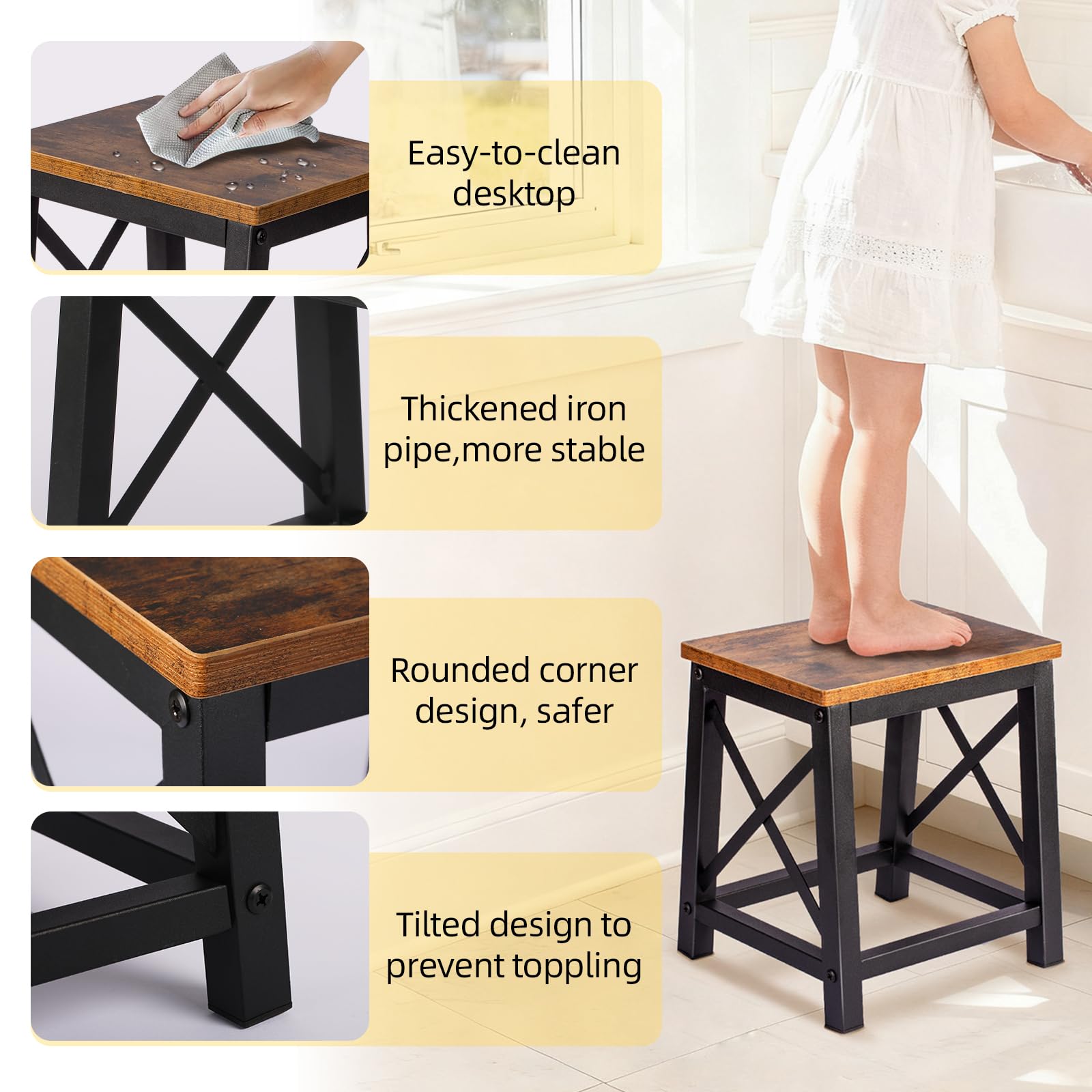 HDANI Taburete de Madera Escalera Resistente 220 kg Marco Metal Antideslizante Marrón-Negro