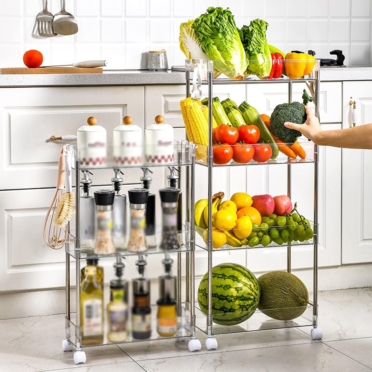 伸縮ダストボックス上キッチン収納ラック（キャスター付き） キッチン収納ラック キッチンラック プラスチック製 超狭狭スリット収納ラック 多機能透明カート 床から天井まで移動式滑車 オーガナイ