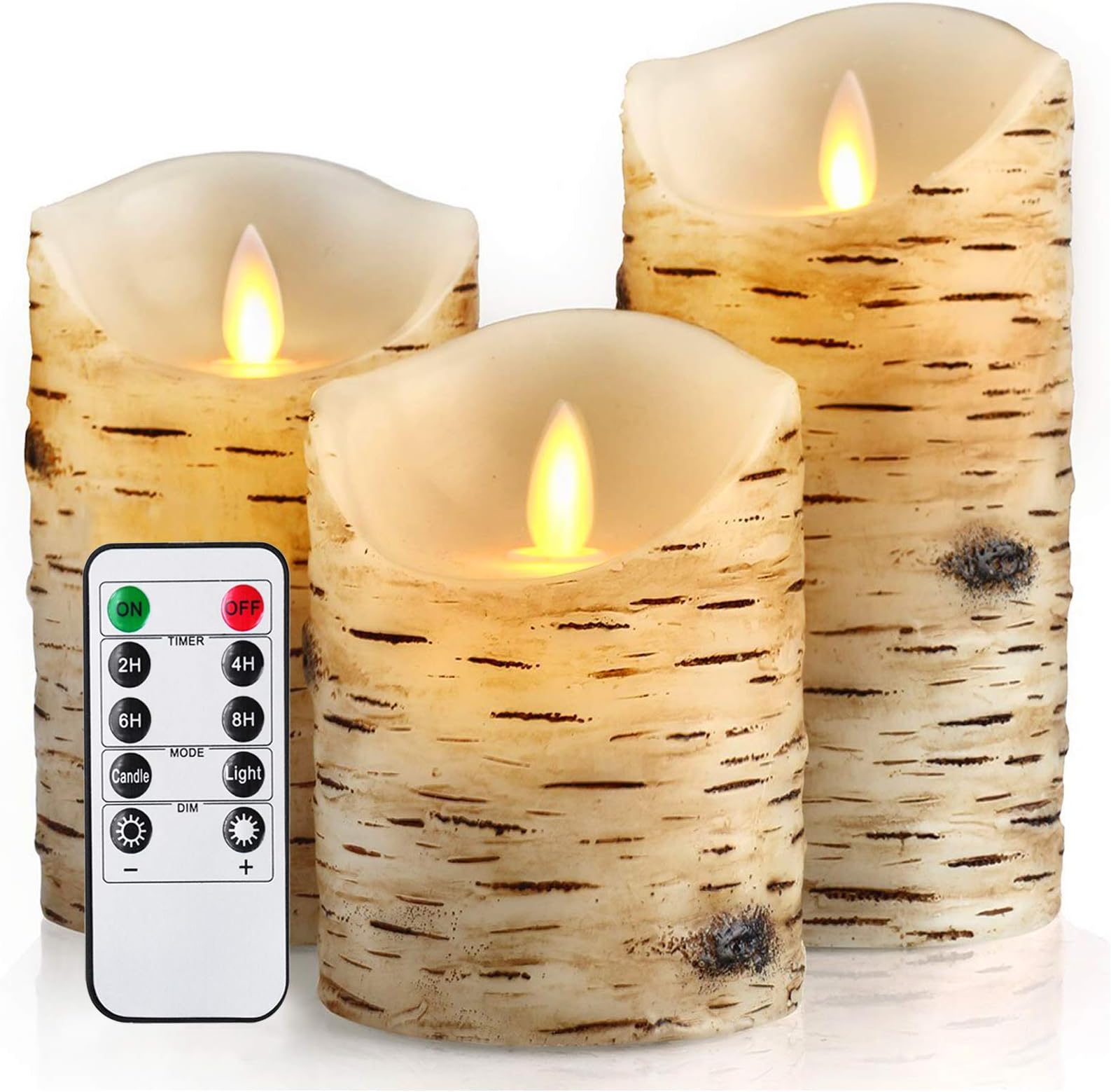 Flameless Candles 4" 5" 6" Birch Bark Effect with Moving LED Flame and 10-Key Remote Control - 2/4/6/8 Hours Timer - Set of 3
