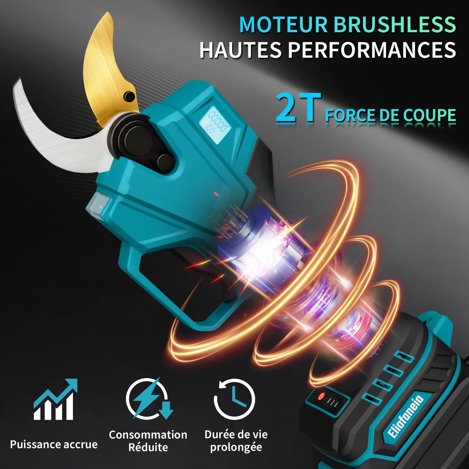 Sécateur Électrique Sans Fil Professionnel-Diamètre de Coupe 40mm-Moteur Brushless 1000W Puissant-2 Batteries Lithium 8000mAh-Écran LCDet Sécurité-Taille Arbres,Jardin