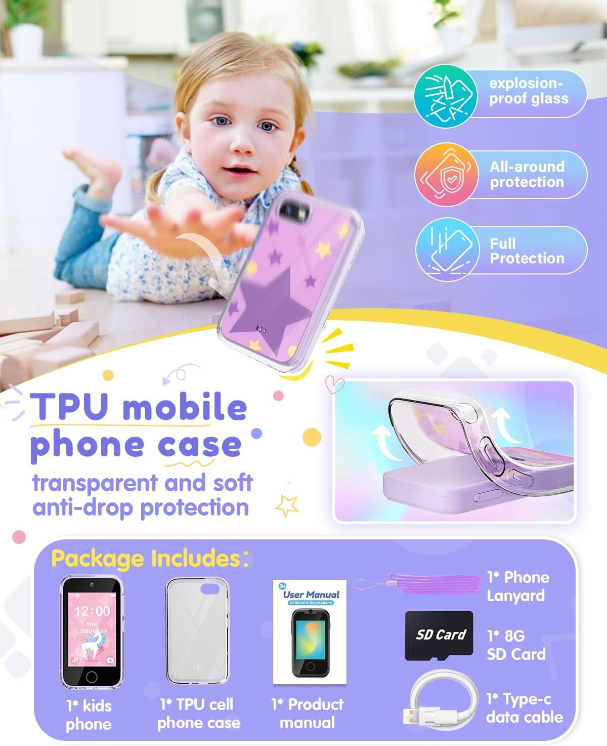 JOYJAM Phone for Kids Age 3-8, 3.5'' Touchscreen Kids Smart Phone for Girls Christmas Birthday Gifts, Learning Toy Phone with Dual Camera, ABC Learning, Habit Tracker for 3 4 5 6 7 8 Year Old