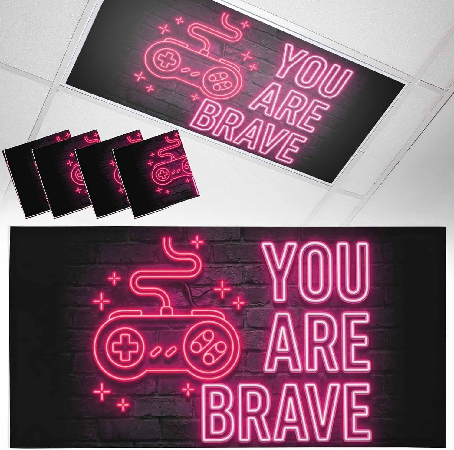 Neon Video Game Fluorescent Light Covers, 4x2 Feet Magnetic Light Filters for Classroom Office, 4 Pcs Pink Text Graffiti Brick Art Black Shades Covers for Ceiling Lights Drop Home Decor