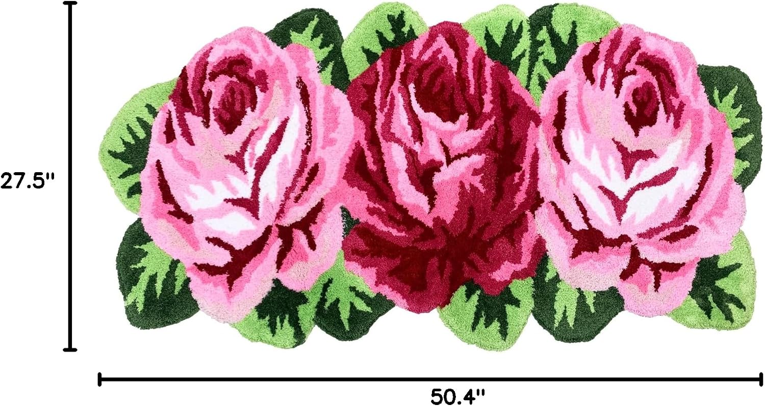 Rose Runner Rug 3 Pink Roses Floral Bathroom Carpet 4Ft Absorbent Shaggy Rug for Girls Soft Flower Handmade Bedroom Carpet for Doormat 27.5''x50.4''