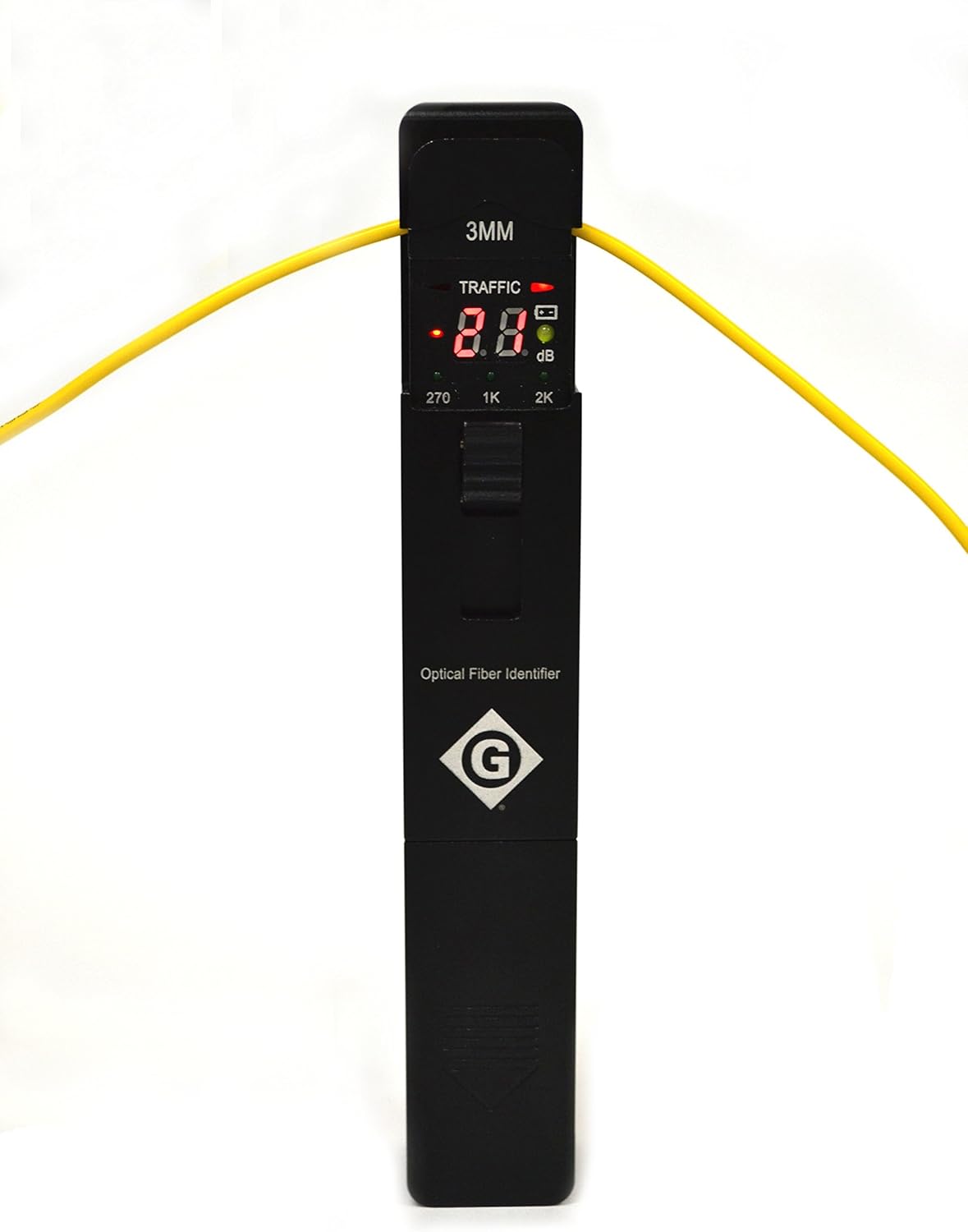 Greenlee FI-100 Fiber Identifier in use with a yellow fiber optic cable