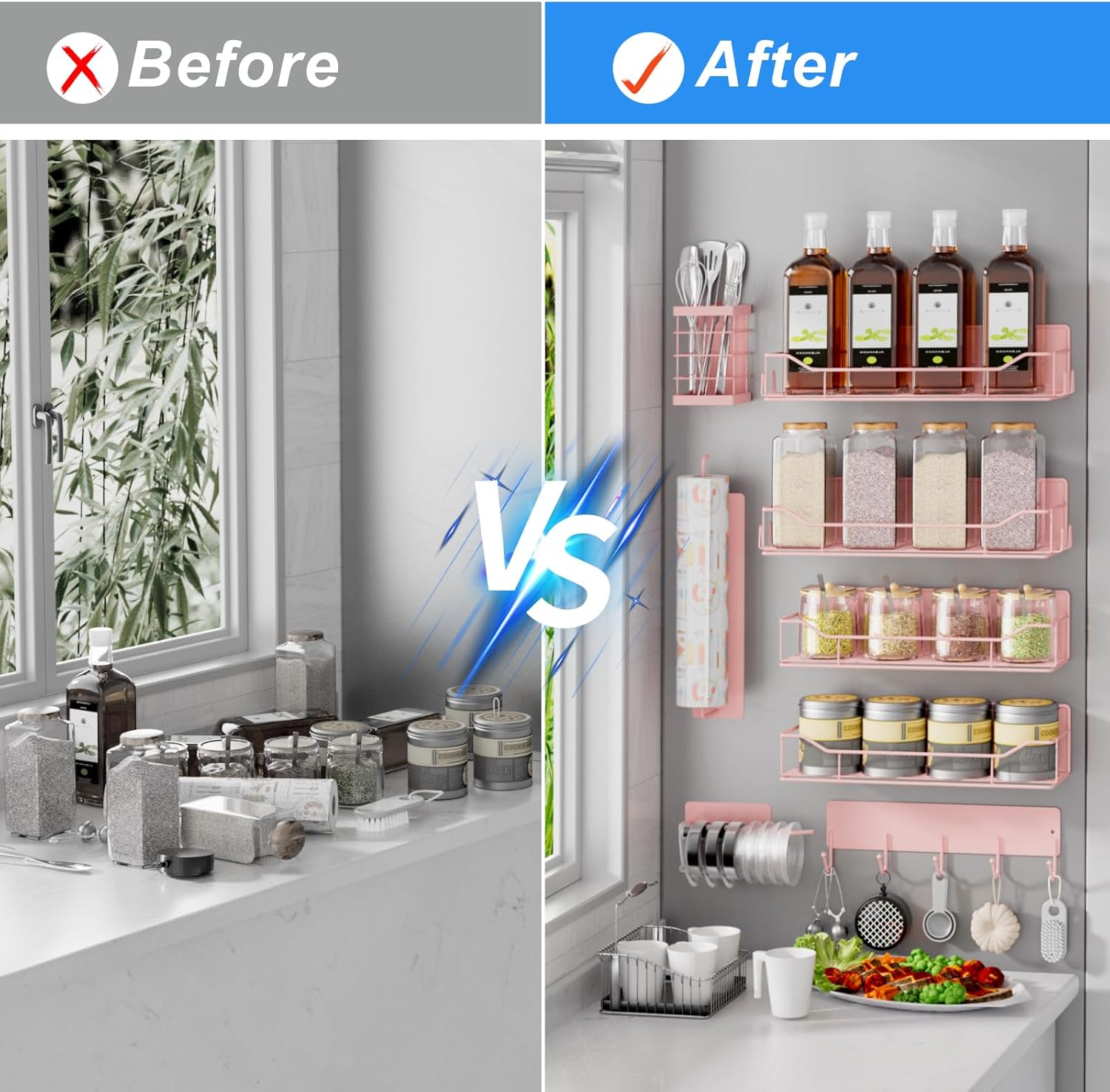 Magnetic Spice Rack for Refrigerator,8 Pack Magnetic Fridge Shelf, Moveable Spice Organizer with Hook Rack, Paper Towel Holder, Utensil Holder,cup lid holder, Super Magnetic Rack Set (Pink)