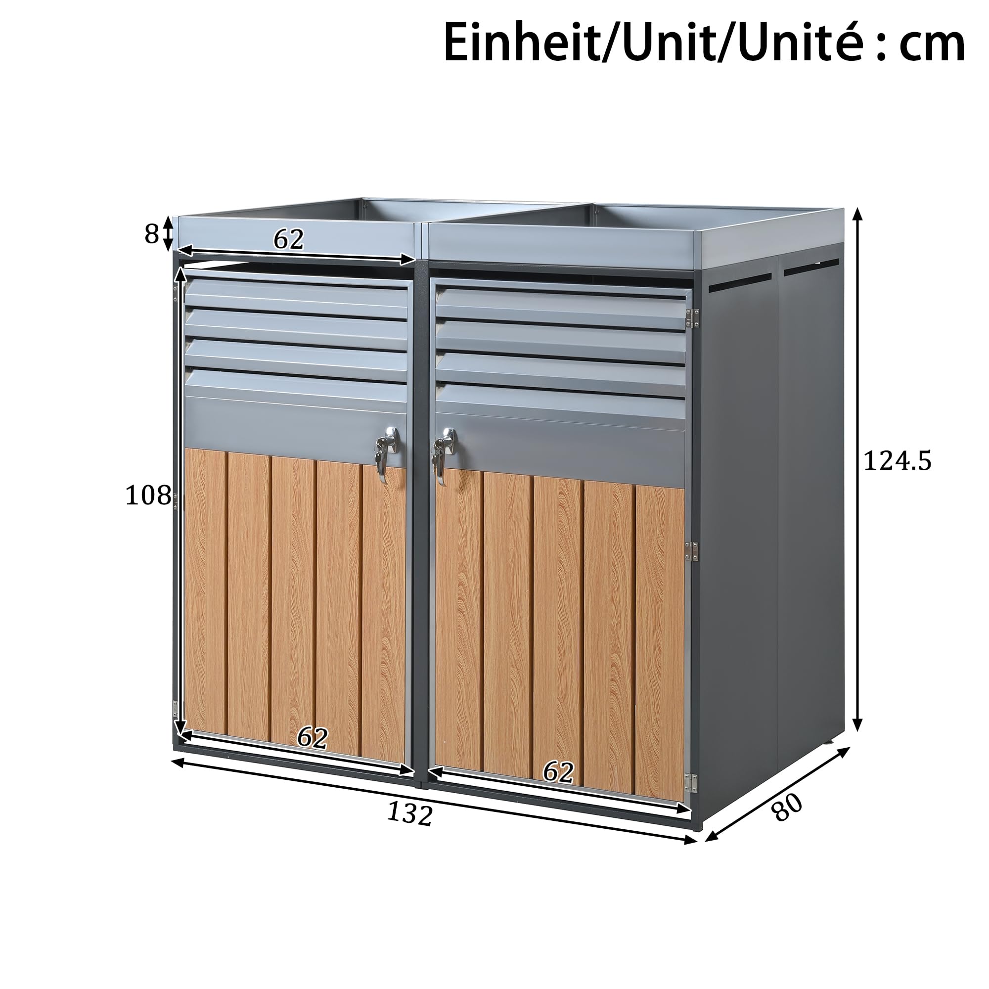 Merax Mülltonnenbox 4er mit Pflanzdach, Abschließbarer Mülltonnenschrank aus verzinktem Stahl, Mülltonnenverkleidung mit Lüftungsöffnung & Lamellen,Viertüriges Türen, für Garten & Terrasse