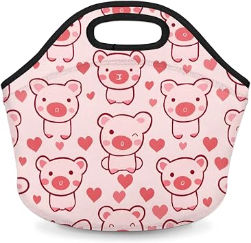 Piggy Pink Reusable Neoprene Lunch Tote Bag for Women & Men - Lightweight Washable Lunch Bags for Work, Travel, Beach, Picnic