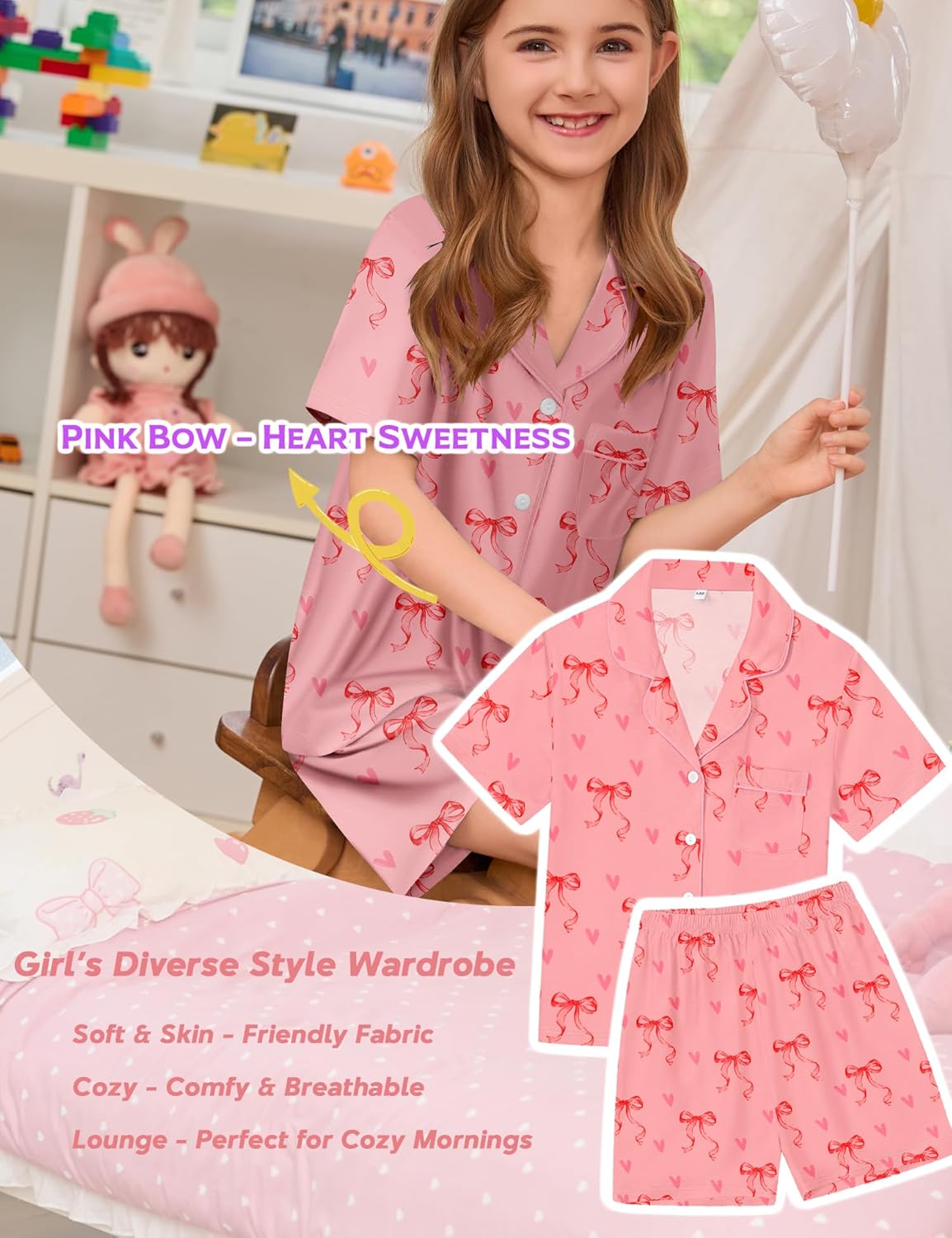 SWOMOG Kids Pajamas Sets 3PCS Short Sleeve Long Pants with Shorts Girls Boys Button Down PJS Cute Loungewear for 4T-15Years, - Image 6