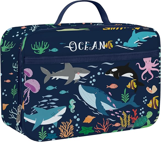 Clastyle Blue Ocean Sharks Insulated Lunch Bag for Kids Boy, Portable Large Thermal Cooler Lunch Box Bag for School