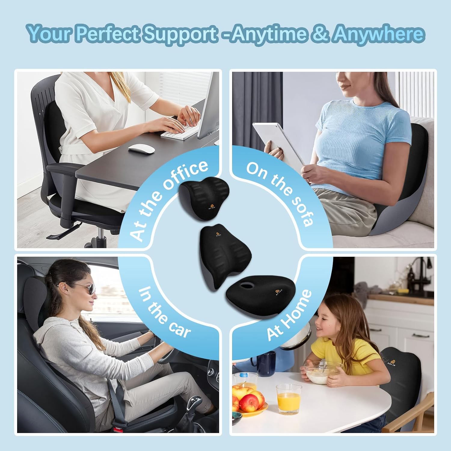NS YOLO Ergonomic Car Seat Cushion with Comfort Memory Foam Neck Pillow, Car Pillow,Lumbar Support and Big Size Soft Seat Cushion for Driving Seat,Office Chair and Wheel Chair (Black and Grey-3 pcs)