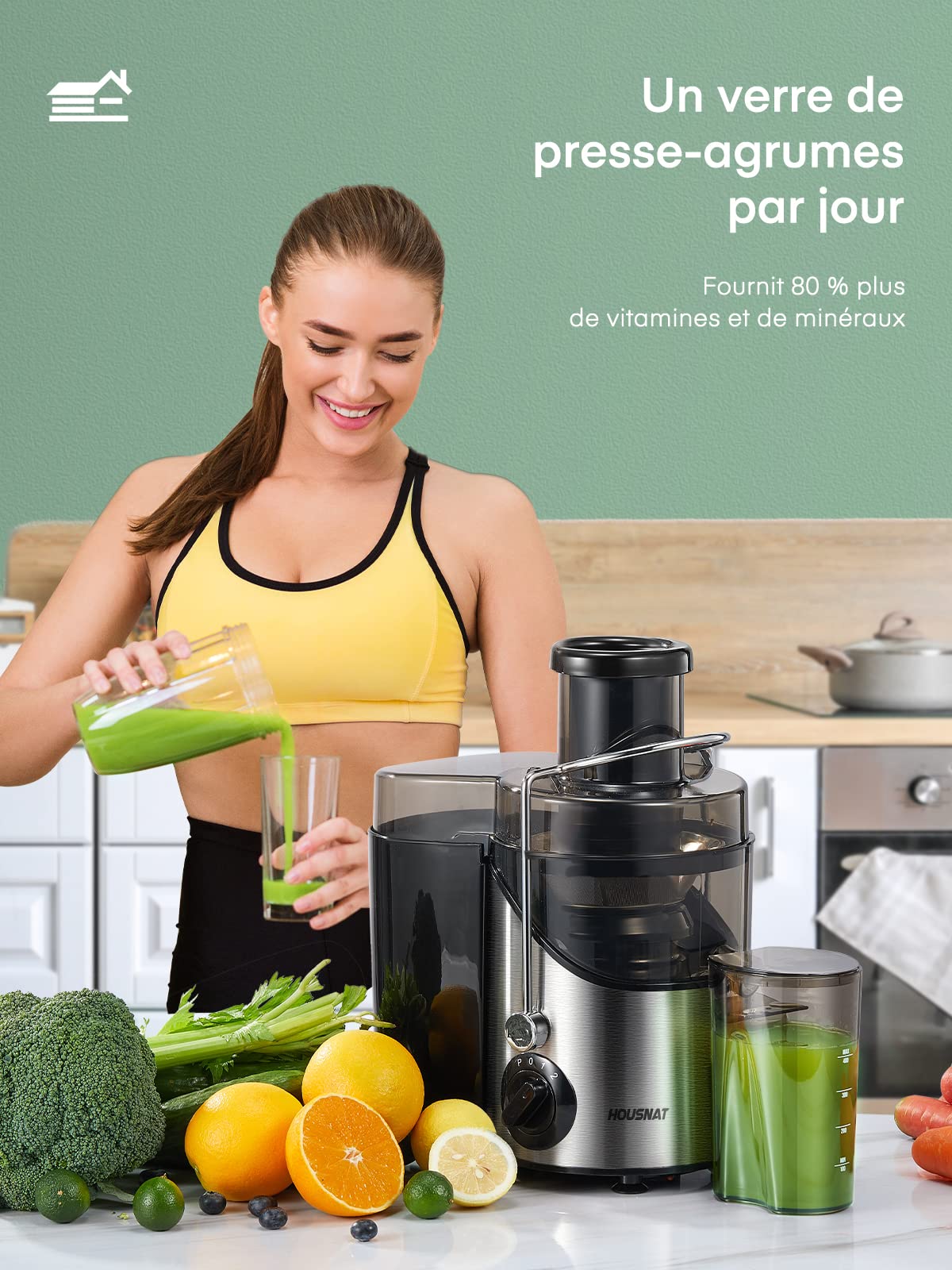 HOUSNAT Centrifugeuse Extracteur de Jus 400W, Extracteur de Fruits et Légumes à Large Bouche 65mm, 3 Vitesses, Nettoyage Facile, Sans BPA, Presse Agrume Inox Professionnel pour Cuisine et Santé