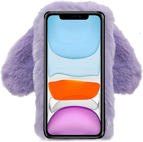 Miniatura 4 de Funda de conejo para iPhone 13 de 6.1 pulgadas, lindas orejas de conejo 3D, bola de pelo suave y peluda, cálida, de piel sintética, esponjosa,
