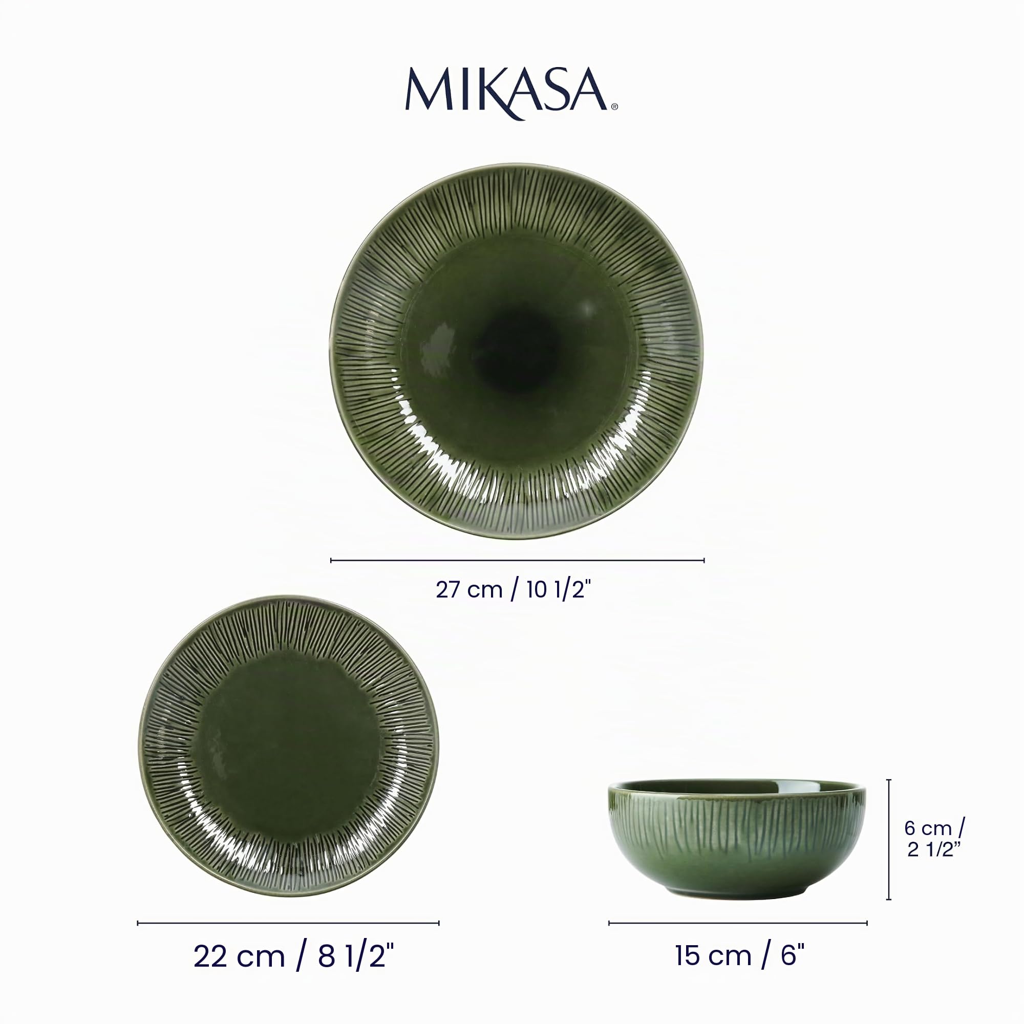 Mikasa Jardin Service de table 12 pièces, service de table en grès pour 4 personnes avec assiettes à dîner, assiettes d'accompagnement et bols, vert - Boite cadeau et lavable au lave-vaisselle