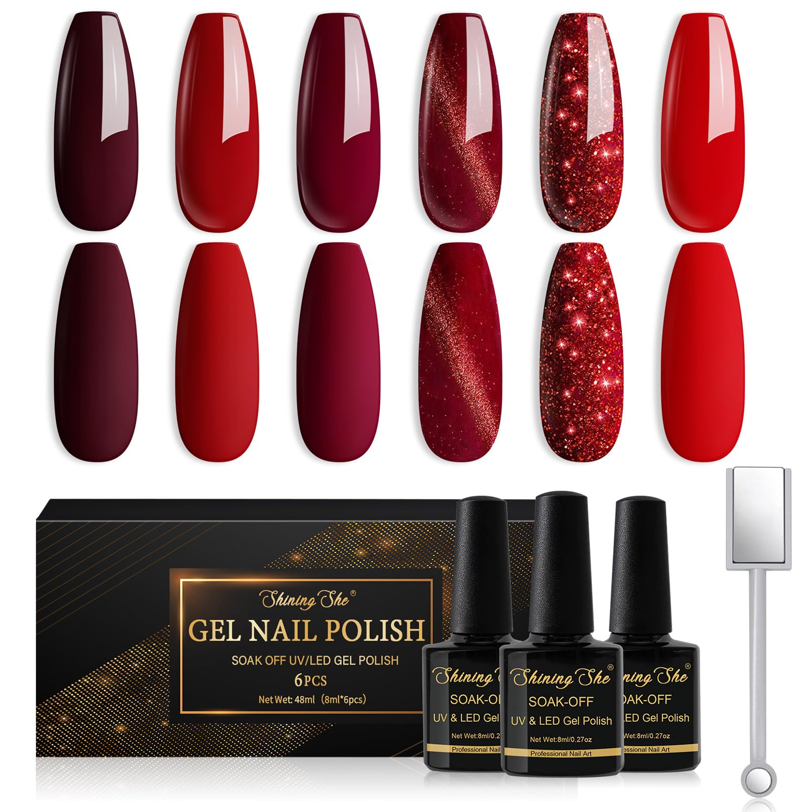 Shining She Gel Nail Polish Red, 6 Colours Cherry Red Burgundy Dark Glitter Gel Polish Set Cat Eye Nail-Polish Soak-Off UV/LED Gift for Nail-Art Salon DIY Home, 8ML